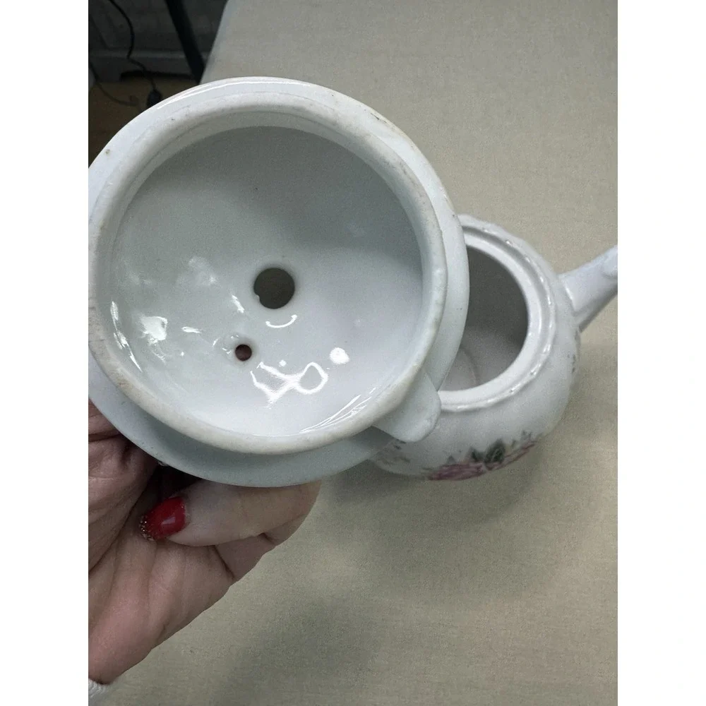 Vintage Floral Teapot‎ White Ceramic Pink Roses Gold Trim Cottagecore Shabby